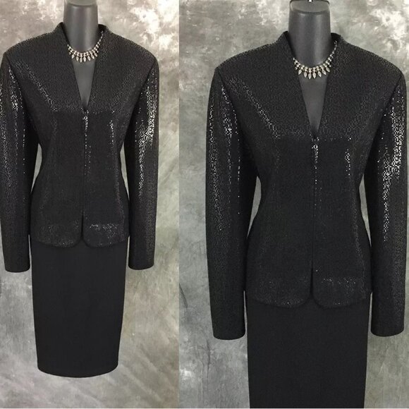 BEAUTIFUL St John evening knit Black rhinestones embellished skirt suit size 10
